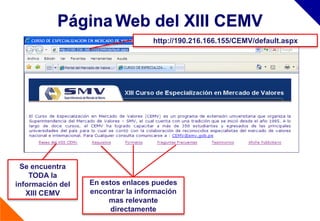 Página Web del XIII CEMV
                                   http://190.216.166.155/CEMV/default.aspx




 Se encuentra
    TODA la
información del   En estos enlaces puedes
   XIII CEMV      encontrar la información
                       mas relevante
                        directamente
 