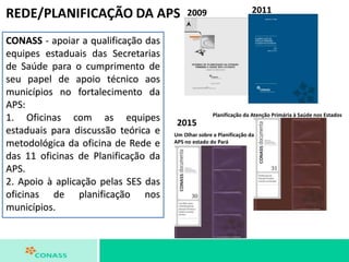 REDE/PLANIFICAÇÃO DA APS 2009 2011
CONASS - apoiar a qualificação das
equipes estaduais das Secretarias
de Saúde para o cumprimento de
seu papel de apoio técnico aos
municípios no fortalecimento da
APS:
1. Oficinas com as equipes
estaduais para discussão teórica e
metodológica da oficina de Rede e
das 11 oficinas de Planificação da
APS.
2. Apoio à aplicação pelas SES das
oficinas de planificação nos
municípios.
2015
Planificação da Atenção Primária à Saúde nos Estados
Um Olhar sobre a Planificação da
APS no estado do Pará
 