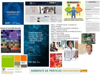 Estudo de Caso UBS Alvorada
Vídeo 1 – Condições Crônicas: um desafio aos
sistemas de saúde
Vídeo 2 – Laboratório de Inovação na Atenção às
Condições Crônicas no Brasil
Vídeo 3 – Modelo de Atenção às Condições Crônicas: a
experiência de Curitiba
Vídeo 4 – Auto Cuidado Apoiado
Vídeo 5 – Cuidado Compartilhado
Vídeo 6 – Laboratório de Inovações na Atenção às
Condições Crônicas no Brasil
 