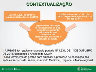 • A PGASS foi regulamentado pela portaria Nº 1.631, DE 1º DE OUTUBRO
DE 2015, compondo o Anexo II do COAP.
• Uma ferramenta de gestão para embasar o processo de pactuação das
ações e serviços de saúde, no âmbito Municipal, Regional e Macrorregional.
CONTEXTUALIZAÇÃOCONTEXTUALIZAÇÃO
 