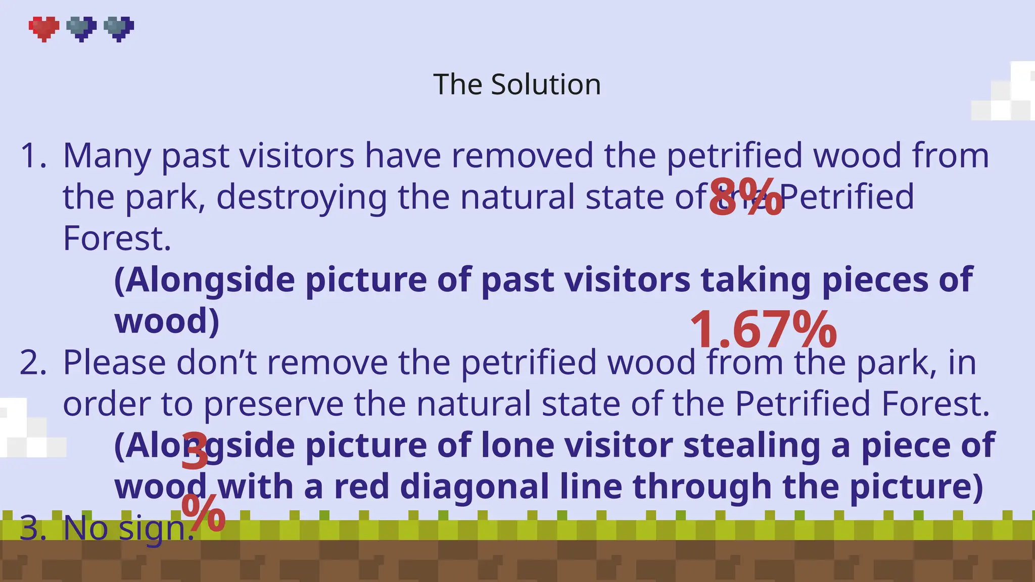 The Solution
1. Many past visitors have removed the petrified wood from
the park, destroying the natural state of the Petrified
Forest.
(Alongside picture of past visitors taking pieces of
wood)
2. Please don’t remove the petrified wood from the park, in
order to preserve the natural state of the Petrified Forest.
(Alongside picture of lone visitor stealing a piece of
wood with a red diagonal line through the picture)
3. No sign.
3
%
8%
1.67%
 