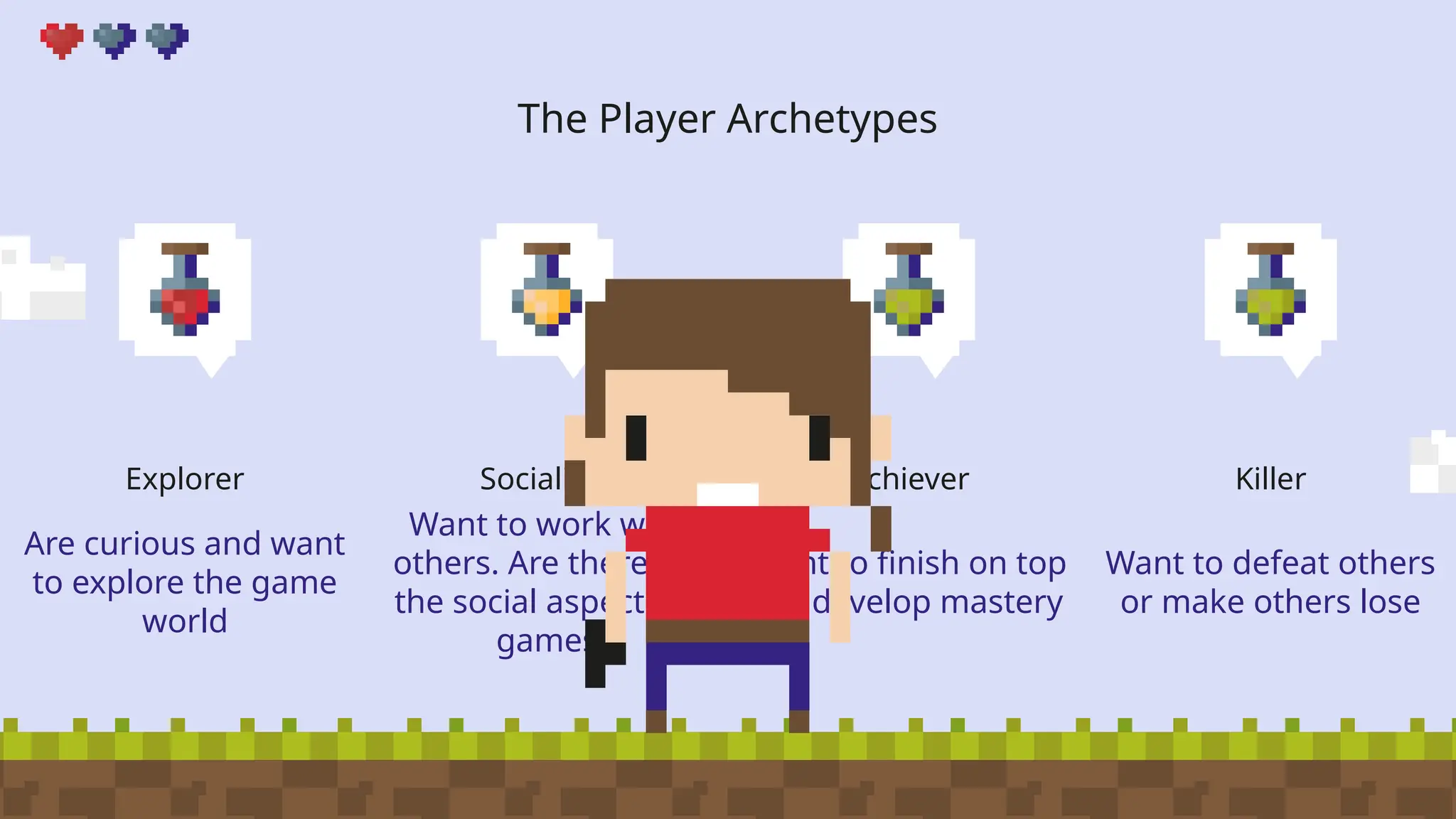 The Player Archetypes
Explorer
Are curious and want
to explore the game
world
Socialiser
Want to work with
others. Are there for
the social aspects of
games
Achiever
Want to finish on top
and develop mastery
Killer
Want to defeat others
or make others lose
 