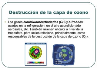 Destrucción de la capa de ozono Los gases  clorofluorocarbonados (CFC) o freones  usados en la refrigeración, en el aire acondicionado, aerosoles, etc. También retienen el calor a nivel de la troposfera, pero se les relaciona, principalmente, como responsables de la destrucción de la capa de ozono (O 3 ). 