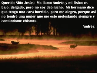 Querido Niño Jesús:  Me llamo Andrés y mi físico es bajo, delgado, pero no soy debilucho.  Mi hermano dice que tengo una cara horrible, pero me alegro, porque así no tendré una mujer que me esté molestando siempre y contándome chismes. Andrés.  