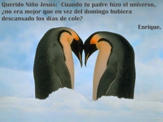 Querido Niño Jesús:  Cuando tu padre hizo el universo, ¿no era mejor que en vez del domingo hubiera descansado los días de cole? Enrique. 