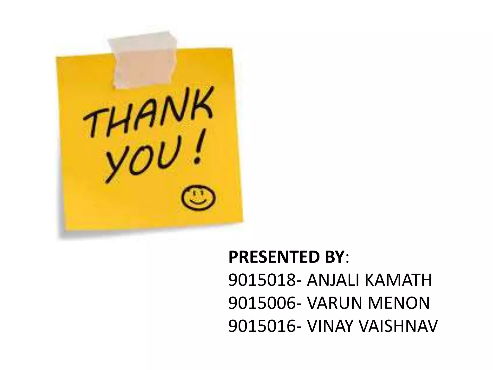 PRESENTED BY:
9015018- ANJALI KAMATH
9015006- VARUN MENON
9015016- VINAY VAISHNAV
 