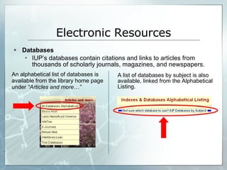 Electronic Resources Databases IUP’s databases contain citations and links to articles from thousands of scholarly journals, magazines, and newspapers. An alphabetical list of databases is available from the library home page under  “Articles and more…” A list of databases by subject is also available, linked from the Alphabetical Listing. 