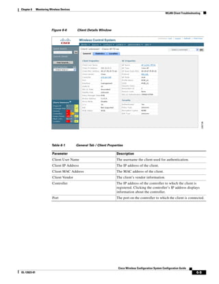 Chapter 6     Monitoring Wireless Devices
                                                                                                              WLAN Client Troubleshooting




                          Figure 6-6        Client Details Window




                          Table 6-1         General Tab / Client Properties

                           Parameter                                  Description
                           Client User Name                           The username the client used for authentication.
                           Client IP Address                          The IP address of the client.
                           Client MAC Address                         The MAC address of the client.
                           Client Vendor                              The client’s vendor information.
                           Controller                                 The IP address of the controller to which the client is
                                                                      registered. Clicking the controller’s IP address displays
                                                                      information about the controller.
                           Port                                       The port on the controller to which the client is connected.




                                                                        Cisco Wireless Configuration System Configuration Guide
OL-12623-01                                                                                                                           6-9
 