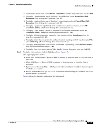 Chapter 6     Monitoring Wireless Devices
                                                                                                               WLAN Client Troubleshooting




                           d.   To enable the Mirror mode, choose Enable Mirror Mode from the drop-down menu and click GO.
                           e.   To display a high-resolution map of the client’s recent location, choose Recent Map (High
                                Resolution) from the drop-down menu and click GO.
                           f.   To display a high-resolution map of the client’s present location, choose Present Map (High
                                Resolution) from the drop-down menu and click GO.
                           g.   To display a graph showing a history of the client-to-access point associations, choose AP
                                Association History Graph from the drop-down menu and click GO.
                           h.   To display a table showing a history of the client-to-access-point associations, choose AP
                                Association History Table from the drop-down menu and click GO.
                           i.   To display information about the reasons for client roaming, choose Roam Reason from the
                                drop-down menu and click GO.
                           j.   To display details of access points that can hear the client, including at which signal strength/SNR,
                                choose Detecting APs from the drop-down menu and click GO.
                           k.   To display the history of the client location based on RF fingerprinting, choose Location History
                                from the drop-down menu and click GO.
                           l.   To display client voice matrix, choose Voice Metrics from the drop-down menu and click GO.
               Step 9     To display client statistics, click the Statistics tab (see Figure 6-7).
                          This page displays four graphs:
                           •    Client RSSI History (dBm)— History of RSSI as detected by the access point to which the client is
                                associated
                           •    Client SNR History— History of SNR as detected by the access point to which the client is
                                associated
                           •    Bytes Sent and Received (Kbps)— The bytes sent and received by the client from the access point
                                to which it is associated
                           •    Packets Sent and Received (per sec.)—The packets sent and received by the client from the access
                                point to which it is associated
                          Table 6-4 describes the fields displayed on this Statistics tab.




                                                                         Cisco Wireless Configuration System Configuration Guide
OL-12623-01                                                                                                                           6-13
 