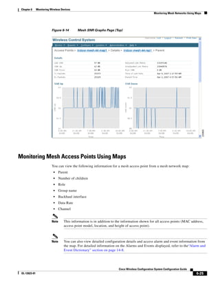 Chapter 6     Monitoring Wireless Devices
                                                                                                     Monitoring Mesh Networks Using Maps




                           Figure 6-14         Mesh SNR Graphs Page (Top)




Monitoring Mesh Access Points Using Maps
                           You can view the following information for a mesh access point from a mesh network map:
                            •     Parent
                            •     Number of children
                            •     Role
                            •     Group name
                            •     Backhaul interface
                            •     Data Rate
                            •     Channel


                           Note      This information is in addition to the information shown for all access points (MAC address,
                                     access point model, location, and height of access point).



                           Note      You can also view detailed configuration details and access alarm and event information from
                                     the map. For detailed information on the Alarms and Events displayed, refer to the“Alarm and
                                     Event Dictionary” section on page 14-8.




                                                                         Cisco Wireless Configuration System Configuration Guide
 OL-12623-01                                                                                                                        6-25
 
