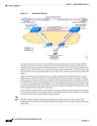 Chapter 8   Configuring Mobility Groups
 Overview of Mobility




                        Figure 8-3        Inter-Subnet Roaming




                        Inter-subnet roaming is similar to inter-controller roaming in that the controllers exchange mobility
                        messages on how the client roams. However, instead of moving the client database entry to the new
                        controller, the original controller marks the client with an “Anchor” entry in its own client database. The
                        database entry is copied to the new controller client database and marked with a “Foreign” entry in the
                        new controller. The roam remains invisible to the wireless client, and the client maintains its original IP
                        address.
                        After an inter-subnet roam, data flows in an asymmetric traffic path to and from the wireless client.
                        Traffic from the client to the network is forwarded directly into the network by the foreign controller.
                        Traffic to the client arrives at the anchor controller, which forwards the traffic to the foreign controller
                        in an EtherIP tunnel. The foreign controller then forwards the data to the client. If a wireless client roams
                        to a new foreign controller, the client database entry is moved from the original foreign controller to the
                        new foreign controller, but the original anchor controller is always maintained. If the client moves back
                        to the original controller, it becomes local again.
                        In inter-subnet roaming, WLANs on both anchor and foreign controllers need to have the same network
                        access privileges and no source-based routing or source-based firewalls in place. Otherwise, the clients
                        may have network connectivity problems after the handoff.


            Note        Currently, multicast traffic cannot be passed during inter-subnet roaming. In other words, avoid
                        designing an inter-subnet network for Spectralink phones that need to send multicast traffic while using
                        push to talk.




           Cisco Wireless Control System Configuration Guide
8-4                                                                                                                         OL-12623-01
 