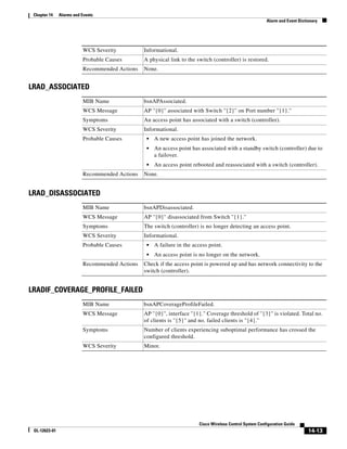 Chapter 14    Alarms and Events
                                                                                                           Alarm and Event Dictionary




                          WCS Severity          Informational.
                          Probable Causes       A physical link to the switch (controller) is restored.
                          Recommended Actions   None.


LRAD_ASSOCIATED
                          MIB Name              bsnAPAssociated.
                          WCS Message           AP ''{0}'' associated with Switch ''{2}'' on Port number ''{1}.''
                          Symptoms              An access point has associated with a switch (controller).
                          WCS Severity          Informational.
                          Probable Causes        •   A new access point has joined the network.
                                                 •   An access point has associated with a standby switch (controller) due to
                                                     a failover.
                                                 •   An access point rebooted and reassociated with a switch (controller).
                          Recommended Actions   None.


LRAD_DISASSOCIATED
                          MIB Name              bsnAPDisassociated.
                          WCS Message           AP ''{0}'' disassociated from Switch ''{1}.''
                          Symptoms              The switch (controller) is no longer detecting an access point.
                          WCS Severity          Informational.
                          Probable Causes        •   A failure in the access point.
                                                 •   An access point is no longer on the network.
                          Recommended Actions   Check if the access point is powered up and has network connectivity to the
                                                switch (controller).


LRADIF_COVERAGE_PROFILE_FAILED
                          MIB Name              bsnAPCoverageProfileFailed.
                          WCS Message           AP ''{0}'', interface ''{1}." Coverage threshold of ''{3}'' is violated. Total no.
                                                of clients is ''{5}'' and no. failed clients is ''{4}.''
                          Symptoms              Number of clients experiencing suboptimal performance has crossed the
                                                configured threshold.
                          WCS Severity          Minor.




                                                                         Cisco Wireless Control System Configuration Guide
 OL-12623-01                                                                                                                    14-13
 