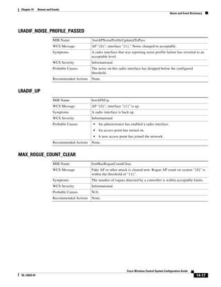 Chapter 14    Alarms and Events
                                                                                                            Alarm and Event Dictionary




LRADIF_NOISE_PROFILE_PASSED
                          MIB Name              bsnAPNoiseProfileUpdatedToPass.
                          WCS Message           AP ''{0}'', interface ''{1}." Noise changed to acceptable.
                          Symptoms              A radio interface that was reporting noise profile failure has reverted to an
                                                acceptable level.
                          WCS Severity          Informational.
                          Probable Causes       The noise on this radio interface has dropped below the configured
                                                threshold.
                          Recommended Actions   None.


LRADIF_UP
                          MIB Name              bsnAPIfUp.
                          WCS Message           AP ''{0}'', interface ''{1}'' is up.
                          Symptoms              A radio interface is back up.
                          WCS Severity          Informational.
                          Probable Causes        •   An administrator has enabled a radio interface.
                                                 •   An access point has turned on.
                                                 •   A new access point has joined the network.
                          Recommended Actions   None.


MAX_ROGUE_COUNT_CLEAR
                          MIB Name              bsnMaxRogueCountClear.
                          WCS Message           Fake AP or other attack is cleared now. Rogue AP count on system ''{0}'' is
                                                within the threshold of ''{1}''.
                          Symptoms              The number of rogues detected by a controller is within acceptable limits.
                          WCS Severity          Informational.
                          Probable Causes       N/A.
                          Recommended Actions   None.




                                                                          Cisco Wireless Control System Configuration Guide
 OL-12623-01                                                                                                                     14-17
 