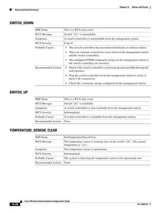 Chapter 14   Alarms and Events
  Alarm and Event Dictionary




SWITCH_DOWN
                        MIB Name                      This is a WCS-only event.
                        WCS Message                   Switch ''{0}'' is unreachable.
                        Symptoms                      A switch (controller) is unreachable from the management system.
                        WCS Severity                  Critical.
                        Probable Causes                 •   The switch (controller) has encountered hardware or software failure.
                                                        •   There are network connectivity issues between the management station
                                                            and the switch (controller).
                                                        •   The configured SNMP community strings on the management station or
                                                            the switch (controller) are incorrect.
                        Recommended Actions             •   Check if the switch (controller) is powered up and reachable through the
                                                            web interface.
                                                        •   Ping the switch (controller) from the management station to verify if
                                                            there is IP connectivity.
                                                        •   Check the community strings configured on the management station.


SWITCH_UP
                        MIB Name                      This is a WCS-only event.
                        WCS Message                   Switch ''{0}'' is reachable.
                        Symptoms                      A switch (controller) is now reachable from the management station.
                        WCS Severity                  Informational.
                        Probable Causes               A switch (controller) is reachable from the management station.
                        Recommended Actions           None.


TEMPERATURE_SENSOR_CLEAR
                        MIB Name                      bsnTemperatureSensorClear.
                        WCS Message                   The temperature sensor is working now on the switch "{0}". The sensed
                                                      temperature is "{1}".
                        Symptoms                      The temperature sensor is operational.
                        WCS Severity                  Informational.
                        Probable Causes               The system is detecting the temperature sensor to be operational now.
                        Recommended Actions           None.




            Cisco Wireless Control System Configuration Guide
14-26                                                                                                                      OL-12623-01
 