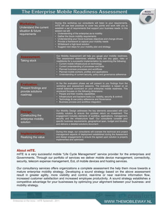 During this workshop our consultants will listen to your requirements.
        Workshop.                           mITE will use best practices to cover key points and work with you to
        Understand the current              establish a set of requirements that support your business needs. In this
        situation & future                  session we will:
        requirements                        •! Understanding of the enterprise as-is mobility
                                            •! Gather the future mobility requirements
                                            •! Understanding your future business objectives and change drivers
                                            •! Provide a framework to capture your mobility needs
                                            •! Whiteboard a high-level solution
                                            •! Suggest next steps for your mobility plan and strategy



                                              Our Mobility Assessment will help you gauge your mobility readiness.
          Assessment.                         This assessment determines whether there are any gaps, risks or
          Taking stock                        roadblocks for a successful implementation by examining the following:
                                              •! Current mobile infrastructure en technology
                                              •! Current understanding of processes and tools
                                              •! Planned business processes and workflows
                                              •! Planned mobile workers, profiles and applications
                                              •! Understanding of current security, policy and governance adherence



                                              In the the evaluation phase we will present to you findings from the
          Evaluation.                         workshop and assessment sessions. The evaluation is based on an
          Present findings and                overall balanced scorecard on your enterprise mobile readiness. This
          provide solutions                   scorecard focuses on the following dimensions:
          roadmap                             •! People and their mobility capabilities
                                              •! Infrastructure and backend tools (i.e. visibility, security & control)
                                              •! Technology & use policy adherence and Governance
                                              •! Business process and workflow integration


                                             Our Mobility Design addresses the key elements associated with your
          Design.                            mobility solution to ensure the quickest return on investment. The
          Constructing the                   engagement includes elements of workflow, applications, management,
          enterprise mobility                security and the infrastructure itself. Our consultants consider your
          solution                           specific business requirements, geographical span, budget and timeline,
                                             and delivers a detailed solutions document.


                                             During this stage, our consultants will oversee the technical and project
          Implementation.                    management aspects of deployment established during the Assessment
          Realizing the value                and design engagements to ensure the agreed upon solution is properly
                                             implemented and optimized.




      About mITE.
      mITE is a very successful mobile “Life Cycle Management” service provider for the enterprises and
      Governments. Through our portfolio of services we deliver mobile device management, connectivity,
      security, telecom expense management, EoL of mobile devices and hosting services.

      Our consultancy services offers organizations a complete assessment the help them move towards a
      mature enterprise mobility strategy. Developing a sound strategy based on the above assessment
      result in greater agility, more visibility and control, real-time or near real-time information flow,
      increased customer satisfaction and increased employee productivity. A sound strategy establishes a
      competitive advantage for your businesses by optimizing your alignment between your business- and
      mobility strategy.



                                                                         !
                                                                                     !" "$"
                                                                                      #
! ! Enterprise on the move - mITE Systems© - 2011                                             WWW.THEMOBILEWAY.NL
 
