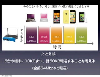 たとえば、 
5台の端末に10KBずつ、計50KB転送することを考える 
(全部54Mbpsで転送) 
14年10月30日木曜日 
 