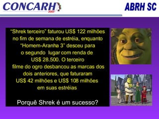 “ Shrek terceiro” faturou US$ 122 milhões no fim de semana de estréia, enquanto  “ Homem-Aranha 3” desceu para o segundo  lugar com renda de  US$ 28.500. O terceiro filme do ogro desbancou as marcas dos dois anteriores, que faturaram  US$ 42 milhões e US$ 108 milhões  em suas estréias  Porquê Shrek é um sucesso? 