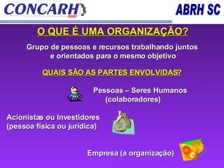 QUAIS SÃO AS PARTES ENVOLVIDAS? Pessoas – Seres Humanos  (colaboradores) Acionistas ou Investidores  (pessoa física ou jurídica) Empresa (a organização) O QUE É UMA ORGANIZAÇÃO? Grupo de pessoas e recursos trabalhando juntos  e orientados para o mesmo objetivo 