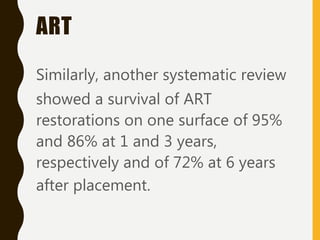 ART
Similarly, another systematic review
showed a survival of ART
restorations on one surface of 95%
and 86% at 1 and 3 years,
respectively and of 72% at 6 years
after placement.
 