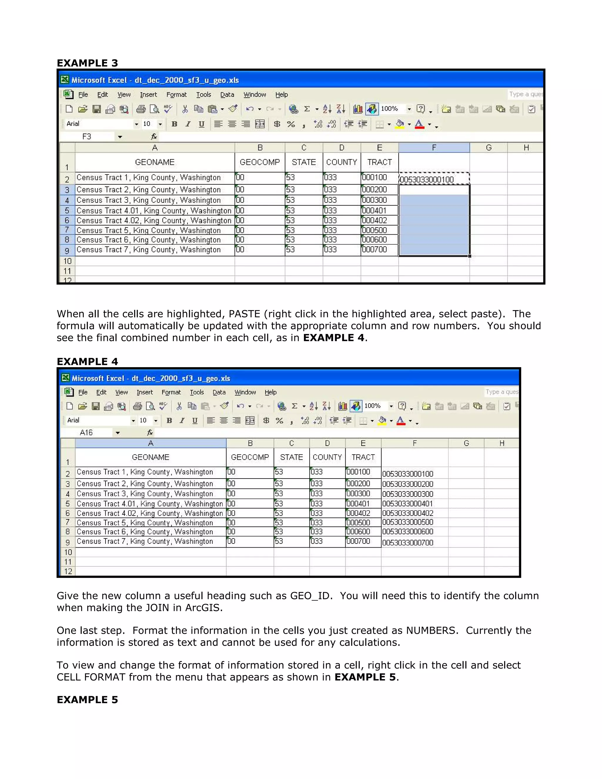 EXAMPLE 3




When all the cells are highlighted, PASTE (right click in the highlighted area, select paste). The
formula will automatically be updated with the appropriate column and row numbers. You should
see the final combined number in each cell, as in EXAMPLE 4.

EXAMPLE 4




Give the new column a useful heading such as GEO_ID. You will need this to identify the column
when making the JOIN in ArcGIS.

One last step. Format the information in the cells you just created as NUMBERS. Currently the
information is stored as text and cannot be used for any calculations.

To view and change the format of information stored in a cell, right click in the cell and select
CELL FORMAT from the menu that appears as shown in EXAMPLE 5.

EXAMPLE 5
 