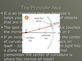 The Principle Axis It is an important feature because it helps you locate the positions of objects that are in front of the mirror The spot where the principle axis touches the mirror is called the VERTEX or V If an incident ray goes through the center of curvature it gets reflected back on itself - JUST LIKE IT DOES when light hits a plane mirror through the normal (remember the center of curvature is where the normal all meet) 