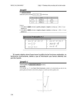 MOISES VILLENA MUÑOZ Cáp. 4 Temas Adicionales de la derivada
118
Ejemplo
Para 3 2
( ) 3 3f x x x= − +
Analizando la primera derivada ( )´( ) 3 2f x x x= − se observó que:
x )´(xf f
0<x Positiva (+) crece
0 2x< < Negativa (-) decrece
2x > Positiva (+) crece
Entonces:
1. Como antes de 0x = la derivada es positiva y después es negativa se concluye que (0) 3f = es un
máximo local.
2. Como antes de 2x = la derivada es negativa y después es positiva se concluye que (2) 1f = − es un
mínimo local.
Ejercicios Propuestos 4.3
Emplee el criterio de la primera derivada para clasificar los extremos locales:
1. 171243)( 234
+−−= xxxxf
2.
5
34
( )
5 3
x
f x x= −
3. 31
( ) 4 2
3
f x x x= − +
4. 51233)( 23
−+−= xxxxf
5. ( ) ( )42
1−= xxf
6. ( )43
1)( −= xxf
Si nuestro objetivo ahora fuese trazar la gráfica de las funciones analizadas, no
tendríamos inconveniente, debido a que la información que hemos obtenido nos
permite hacerlo.
Ejemplo 1
Trazar la gráfica de 542)( 2
+−= xxxf en [ ]3,0 .
SOLUCIÓN:
Se ha obtenido 10 =x como Punto Critico Estacionario y también se ha determinado que antes de este
punto la gráfica de la función es decreciente y después es creciente, por tanto su gráfica sería:
•
•
•
542)( 2
+−= xxxf
( )3,1
( )5,0
( )11,3
 
