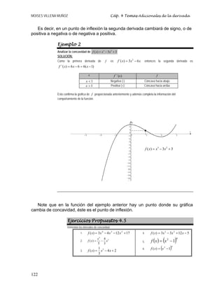 MOISES VILLENA MUÑOZ Cáp. 4 Temas Adicionales de la derivada
122
Es decir, en un punto de inflexión la segunda derivada cambiará de signo, o de
positiva a negativa o de negativa a positiva.
Ejemplo 2
Analizar la concavidad de 3 2
( ) 3 3f x x x= − +
SOLUCIÓN:
Como la primera derivada de f es
2
´( ) 3 6f x x x= − entonces la segunda derivada es
´´( ) 6 6 6( 1)f x x x= − = −
x )´´(xf f
1x < Negativa (-) Cóncava hacia abajo
1x > Positiva (+) Cóncava hacia arriba
Esto confirma la gráfica de f proporcionada anteriormente y además completa la información del
comportamiento de la función.
Note que en la función del ejemplo anterior hay un punto donde su gráfica
cambia de concavidad, éste es el punto de inflexión.
Ejercicios Propuestos 4.5
Determine los intervalos de concavidad:
1. 171243)( 234
+−−= xxxxf
2.
5
34
( )
5 3
x
f x x= −
3.
31
( ) 4 2
3
f x x x= − +
4. 51233)( 23
−+−= xxxxf
5. ( ) ( )42
1−= xxf
6. ( )43
1)( −= xxf
3 2
( ) 3 3f x x x= − +
 