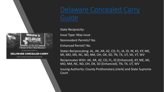 Delaware Concealed Carry
Guide
State Reciprocity-
Issue Type: May-issue
Nonresident Permits? No
Enhanced Permit? No
States Reciprocating: AL, AK, AR, AZ, CO, FL, IA, ID, IN, KS, KY, ME,
MI, MO, MS, NC, ND, NM, OH, OK, SD, TN, TX, UT, VA, VT, WV
Reciprocates With: AK, AR, AZ, CO, FL, ID (Enhanced), KY, ME, MI,
MO, NM, NC, ND, OH, OK, SD (Enhanced), TN, TX, UT, WV
Issuing Authority: County Prothonotary (clerk) and State Supreme
Court
 