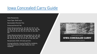 Iowa Concealed Carry Guide
State Reciprocity-
Issue Type: Shall-issue
Nonresident Permits? Yes
Enhanced Permit? No
States Reciprocating: AL, AK, AR, AZ, CO, FL, GA,
ID, IN, IA, KS, KY, LA, ME, MI, MO, MS, NC, ND, NE,
NH, OH, OK, PA, SD, TN, TX, UT, VA, VT, WI, WV,
WY
States Reciprocating For Nonresidents: AL, AK, AR,
AZ, GA, ID, IN, IA, KY, KS, LA, ME, MO, MS, NC, ND,
NE, OH, OK, SD, TN, TX, UT, VA, VT, WI, WV, WY
Reciprocates With: All state permits
Issuing Authority: County Sheriff for residents,
Iowa Department of Public Safety for non-
residents
 
