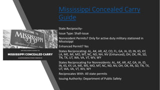 Mississippi Concealed Carry
Guide
State Reciprocity-
Issue Type: Shall-issue
Nonresident Permits? Only for active duty military stationed in
Mississippi
Enhanced Permit? Yes
States Reciprocating: AL, AK, AR, AZ, CO, FL, GA, IA, ID, IN, KS, KY,
LA, ME, MI, MO, MT, NC, ND, NH, NV (Enhanced), OH, OK, PA, SD,
TN, TX, UT, WA, VA, VT, WV, WY
States Reciprocating For Nonresidents: AL, AK, AR, AZ, GA, IA, ID,
IN, KS, KY, LA, ME, MS, MO, MT, NC, ND, NV, OH, OK, PA, SD, TN, TX,
UT, WA, VA, VT, WV, WY
Reciprocates With: All state permits
Issuing Authority: Department of Public Safety
 