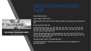 Oklahoma Concealed Carry
Guide
State Reciprocity-
Issue Type: Shall-issue
Nonresident Permits? Active duty military and spouses stationed in
OK
Enhanced Permit? No
States Reciprocating: AL, AK, AR, AZ, CO, DE, FL, GA, IA, ID, IN, KS,
KY, ME, MI, MO, MS, MT, NC, ND, NE, NH, OH, OK, PA, SC, SD, TN,
TX, UT, VA, VT, WA, WV, WY
States Reciprocating For Nonresidents: AL, AK, AR, AZ, DE, GA, IA,
ID, IN, KS, KY, ME, MO, MS, MT, NC, ND, NE, OH, OK, PA, SD, TN, TX,
UT, VA, VT, WA, WV, WY
Reciprocates With: All state permits
Issuing Authority: Oklahoma State Bureau of Investigation or
County Sheriff
 