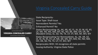 Virginia Concealed Carry Guide
State Reciprocity-
Issue Type: Shall-issue
Nonresident Permits? Yes
Enhanced Permit? No
States Reciprocating: AL, AK, AR, AZ, FL, IA, ID, IN, KS, KY,
LA, ME, MI, MS, MO, MT, NC, ND, NE, NM, OH, OK, PA
(Resident Only), SC, SD, TN, TX, UT, VT, WA, WI, WV, WY
States Reciprocating For Nonresidents: AL, AK, AR, AZ,
IA, ID, IN, KS, KY, LA, ME, MI, MS, MT, MO, NC, ND, NM,
OH, OK, SD, TN, TX, UT, VT, WV, WY
Reciprocates With: VA recognizes all state permits
Issuing Authority: Virginia State Police
 
