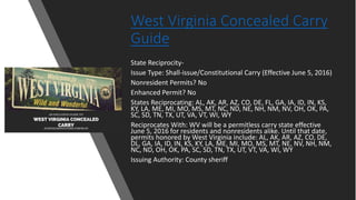 West Virginia Concealed Carry
Guide
State Reciprocity-
Issue Type: Shall-issue/Constitutional Carry (Effective June 5, 2016)
Nonresident Permits? No
Enhanced Permit? No
States Reciprocating: AL, AK, AR, AZ, CO, DE, FL, GA, IA, ID, IN, KS,
KY, LA, ME, MI, MO, MS, MT, NC, ND, NE, NH, NM, NV, OH, OK, PA,
SC, SD, TN, TX, UT, VA, VT, WI, WY
Reciprocates With: WV will be a permitless carry state effective
June 5, 2016 for residents and nonresidents alike. Until that date,
permits honored by West Virginia include: AL, AK, AR, AZ, CO, DE,
DL, GA, IA, ID, IN, KS, KY, LA, ME, MI, MO, MS, MT, NE, NV, NH, NM,
NC, ND, OH, OK, PA, SC, SD, TN, TX, UT, VT, VA, WI, WY
Issuing Authority: County sheriff
 