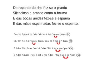 De repente do riso fez-se o pranto
Silencioso e branco como a bruma
E das bocas unidas fez se a espuma
                    fez-se
E das mãos espalmadas fez-se o espanto.

De / re / pen / te / do / ri / so / fez / se o / pran / to

Si / len / ci / o / so e / bran / co / co / mo a / bru / ma


E / das / bo / cas / u / ni / das / fez / se a es / pu / ma

E / das / mãos / es / pal / ma / das / fez / se o es / pan / to
 