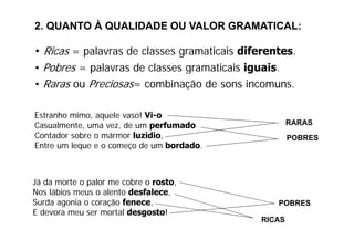 2. QUANTO À QUALIDADE OU VALOR GRAMATICAL:

• Ricas = palavras de classes gramaticais diferentes.
• Pobres = palavras de classes gramaticais iguais
                                           iguais.
• Raras ou Preciosas= combinação de sons incomuns.

Estranho mimo, aquele vaso! Vi-o
Casualmente,
Casualmente uma vez de um perfumado
                  vez,                               RARAS
Contador sobre o mármor luzidio,                     POBRES
Entre um leque e o começo de um bordado.



Já da morte o palor me cobre o rosto
                               rosto,
Nos lábios meus o alento desfalece,
Surda agonia o coração fenece,                   POBRES
Eddevora meu ser mortal d
                     t l desgosto!
                                t !
                                             RICAS
 