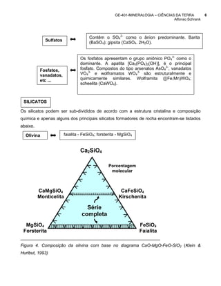 GE-401-MINERALOGIA – CIÊNCIAS DA TERRA         6
                                                                                 Alfonso Schrank




                                      Contêm o SO42- como o ânion predominante. Barita
             Sulfatos
                                      (BaSO4); gipsita (CaSO4. 2H2O).


                                 Os fosfatos apresentam o grupo aniônico PO43- como o
                                 dominante. A apatita [Ca5(PO4)3(OH)], é o principal
           Fosfatos,             fosfato. Compostos do tipo arsenatos AsO43-, vanadatos
           vanadatos,            VO43- e wolframatos WO43- são estruturalmente e
           etc ...               quimicamente similares. Wolframita ([(Fe,Mn)WO4;
                                 scheelita (CaWO4).



 SILICATOS

Os silicatos podem ser sub-divididos de acordo com a estrutura cristalina e composição
química e apenas alguns dos principais silicatos formadores de rocha encontram-se listados
abaixo.

  Olivina               faialita - FeSiO4; forsterita - MgSiO4


                                 Ca2SiO4

                                                Porcentagem
                                                 molecular



          CaMgSiO4                                     CaFeSiO4
          Monticelita                                 Kirschenita

                                    Série
                                  completa
  MgSiO4                                                         FeSiO4
 Forsterita                                                      Faialita

Figura 4. Composição da olivina com base no diagrama CaO-MgO-FeO-SiO2 (Klein &
Hurlbut, 1993)
 
