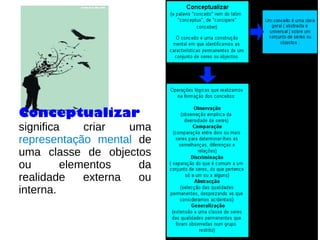 Conceptualizar
significa criar uma
representação mental de
uma classe de objectos
ou elementos da
realidade externa ou
interna.
 