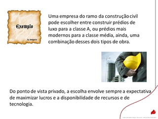 Do ponto de vista privado, a escolha envolve sempre a expectativa
de maximizar lucros e a disponibilidade de recursos e de
tecnologia.
Uma empresa do ramo da construçãocivil
pode escolher entre construir prédios de
luxo para a classe A, ou prédios mais
modernos para a classe média, ainda, uma
combinação desses dois tipos de obra.
 