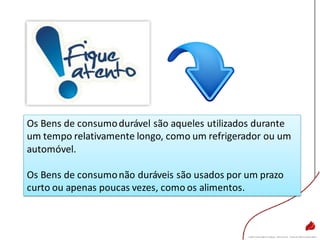 Os Bens de consumodurável são aqueles utilizados durante
um tempo relativamente longo, como um refrigerador ou um
automóvel.
Os Bens de consumonão duráveis são usados por um prazo
curto ou apenas poucas vezes, como os alimentos.
 