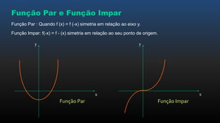 Função Par e Função Impar
Função Par : Quando f (x) = f (-x) simetria em relação ao eixo y.
Função Impar: f(-x) = f - (x) simetria em relação ao seu ponto de origem.
x
y
x
y
Função Par Função Impar
 