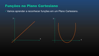 Funções no Plano Cartesiano
• Vamos aprender a reconhecer funções em um Plano Cartesiano.
x
y
x
y
 