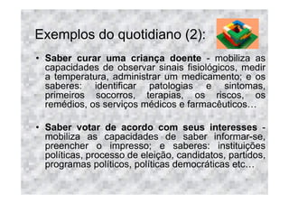 Exemplos do quotidiano (2):
• Saber curar uma criança doente - mobiliza as
  capacidades de observar sinais fisiológicos, medir
  a temperatura, administrar um medicamento; e os
  saberes: identificar patologias e sintomas,
  primeiros socorros, terapias, os riscos, os
  remédios, os serviços médicos e farmacêuticos

• Saber votar de acordo com seus interesses -
  mobiliza as capacidades de saber informar-se,
  preencher o impresso; e saberes: instituições
  políticas, processo de eleição, candidatos, partidos,
  programas políticos, políticas democráticas etc
 
