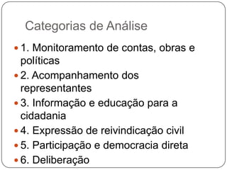 Categorias de Análise
 1. Monitoramento de contas, obras e
  políticas
 2. Acompanhamento dos
  representantes
 3. Informação e educação para a
  cidadania
 4. Expressão de reivindicação civil
 5. Participação e democracia direta
 6. Deliberação
 