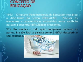 CONCEITO DE
EDUCAÇÃO
1962 - Cirigliano (Fenomenologia da Educação) ressaltou
a dificuldade do termo EDUCAÇÃO. Precisar os
elementos e características escondidas neste vocábulo
passam a encontrar dificuldades crescentes.
“Era tão simples o todo quão complexas parecem as
partes. Era tão fácil a palavra como é difícil descobrir o
seu conteúdo.”
 