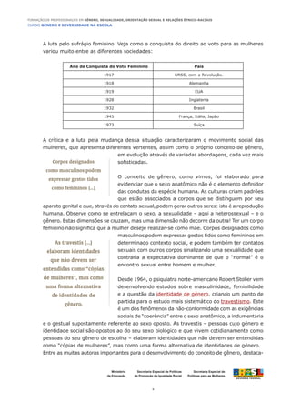 CURSO GÊNERO E DIVERSIDADE NA ESCOLA
4
Formação de Professoras/es em Gênero, Sexualidade, Orientação Sexual e Relações Étnico-Raciais
Ministério
da Educação
Secretaria Especial de
Políticas para as Mulheres
Secretaria Especial de Políticas
de Promoção da Igualdade Racial
A luta pelo sufrágio feminino. Veja como a conquista do direito ao voto para as mulheres
variou muito entre as diferentes sociedades:
Ano de Conquista do Voto Feminino País
1917 URSS, com a Revolução.
1918 Alemanha
1919 EUA
1928 Inglaterra
1932 Brasil
1945 França, Itália, Japão
1973 Suíça
A crítica e a luta pela mudança dessa situação caracterizaram o movimento social das
mulheres, que apresenta diferentes vertentes, assim como o próprio conceito de gênero,
em evolução através de variadas abordagens, cada vez mais
sofisticadas.
O conceito de gênero, como vimos, foi elaborado para
evidenciar que o sexo anatômico não é o elemento definidor
das condutas da espécie humana. As culturas criam padrões
que estão associados a corpos que se distinguem por seu
aparato genital e que, através do contato sexual, podem gerar outros seres: isto é a reprodução
humana. Observe como se entrelaçam o sexo, a sexualidade – aqui a heterossexual – e o
gênero. Estas dimensões se cruzam, mas uma dimensão não decorre da outra! Ter um corpo
feminino não significa que a mulher deseje realizar-se como mãe. Corpos designados como
masculinos podem expressar gestos tidos como femininos em
determinado contexto social, e podem também ter contatos
sexuais com outros corpos sinalizando uma sexualidade que
contraria a expectativa dominante de que o “normal” é o
encontro sexual entre homem e mulher.
Desde 1964, o psiquiatra norte-americano Robert Stoller vem
desenvolvendo estudos sobre masculinidade, feminilidade
e a questão da identidade de gênero, criando um ponto de
partida para o estudo mais sistemático do travestismo. Este
é um dos fenômenos da não-conformidade com as exigências
sociais de “coerência” entre o sexo anatômico, a indumentária
e o gestual supostamente referente ao sexo oposto. As travestis – pessoas cujo gênero e
identidade social são opostos ao do seu sexo biológico e que vivem cotidianamente como
pessoas do seu gênero de escolha – elaboram identidades que não devem ser entendidas
como “cópias de mulheres”, mas como uma forma alternativa de identidades de gênero.
Entre as muitas autoras importantes para o desenvolvimento do conceito de gênero, destaca-
Corpos designados
como masculinos podem
expressar gestos tidos
como femininos (...)
As travestis (...)
elaboram identidades
que não devem ser
entendidas como “cópias
de mulheres”, mas como
uma forma alternativa
de identidades de
gênero.
 