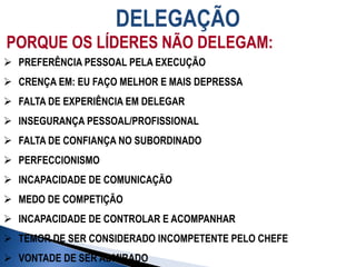 DELEGAÇÃO
PORQUE OS LÍDERES NÃO DELEGAM:
 PREFERÊNCIA PESSOAL PELA EXECUÇÃO
 CRENÇA EM: EU FAÇO MELHOR E MAIS DEPRESSA
 FALTA DE EXPERIÊNCIA EM DELEGAR
 INSEGURANÇA PESSOAL/PROFISSIONAL
 FALTA DE CONFIANÇA NO SUBORDINADO
 PERFECCIONISMO
 INCAPACIDADE DE COMUNICAÇÃO
 MEDO DE COMPETIÇÃO
 INCAPACIDADE DE CONTROLAR E ACOMPANHAR
 TEMOR DE SER CONSIDERADO INCOMPETENTE PELO CHEFE
 VONTADE DE SER ADMIRADO
 
