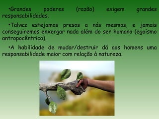 •Grandes poderes (razão) exigem grandes
responsabilidades.
•Talvez estejamos presos a nós mesmos, e jamais
conseguiremos enxergar nada além do ser humano (egoísmo
antropocêntrico).
•A habilidade de mudar/destruir dá aos homens uma
responsabilidade maior com relação à natureza.
 