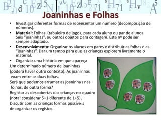 Joaninhas e Folhas 
• Investigar diferentes formas de representar um número (decomposição de 
números). 
• Material: Folhas (tabuleiro de jogo), para cada aluno ou par de alunos. 
Seis “joaninhas”, ou outros objetos para contagem. Este nº pode ser 
sempre adaptado. 
• Desenvolvimento: Organizar os alunos em pares e distribuir as folhas e as 
“joaninhas”. Dar um tempo para que as crianças explorem livremente o 
material. 
• Organizar uma história em que apareça 
Um determinado número de joaninhas 
(poderá haver outro contexto). As joaninhas 
voam entre as duas folhas. 
Será que podemos arrumar as joaninhas nas 
folhas, de outra forma? 
Registar as descobertas das crianças no quadro 
(nota: considerar 5+1 diferente de 1+5). 
Discutir com as crianças formas possíveis 
de organizar os registos. 
 