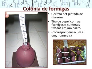 Colônia de formigas 
• Garrafa pet pintada de 
marrom 
• Tira de papel com as 
formigas e numerais 
fixadas em um palito 
• (correspondência um a 
um, numerais) 
 