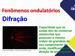 Fenômenos ondulatórios
Difração
Capacidade que as
ondas têm de contornar
obstáculos que
possuem a mesma
ordem de grandeza de
seu comprimento de
onda, modificando sua
direção de propagação.
Imagem: Autor Barakitty / GNU Free Documentation License
 